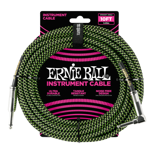Ernie Ball P06077 كابل آلة موسيقية مجدول بطرف مستقيم / مائل بطول 10 أقدام - أسود / أخضر