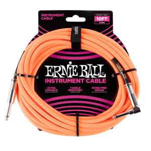 Ernie Ball P06079 كابل آلة موسيقية مجدول بطرف مستقيم / مائل بطول 10 أقدام - برتقالي نيون
