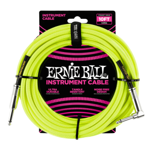 Ernie Ball P06080 كابل آلة موسيقية مجدول بطرف مستقيم / مائل بطول 10 أقدام - أصفر نيون